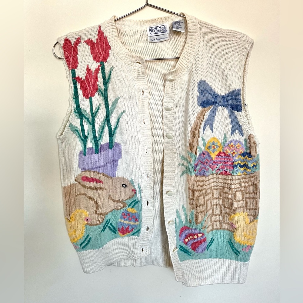 VINTAGE Easter Knit Embroidered Button Up Sweater Vest